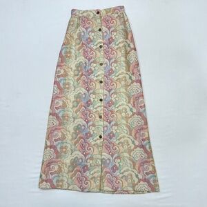 Vintage 70s Pastel Floral Tapestry Jacquard Midi Skirt Boho Romantic Size XS